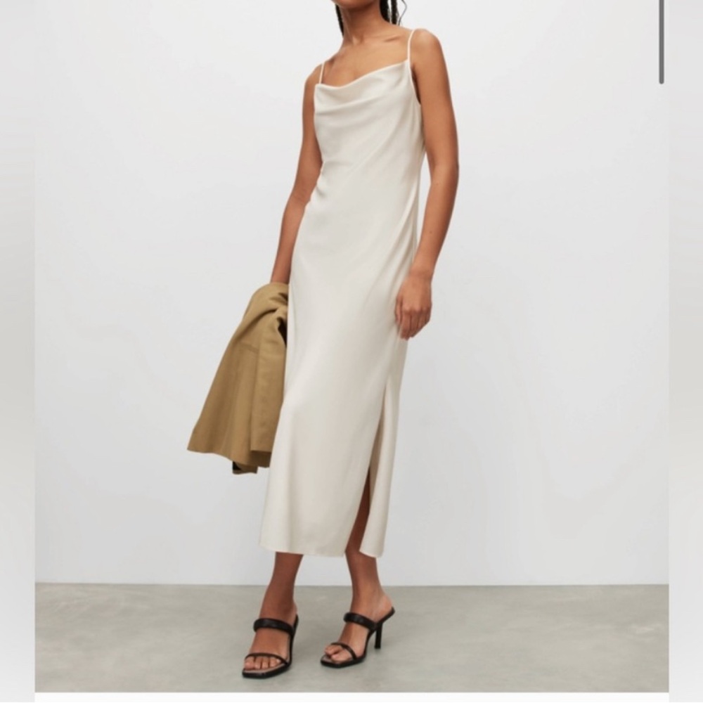 All Saints Cream Satin Slip Midi Dress